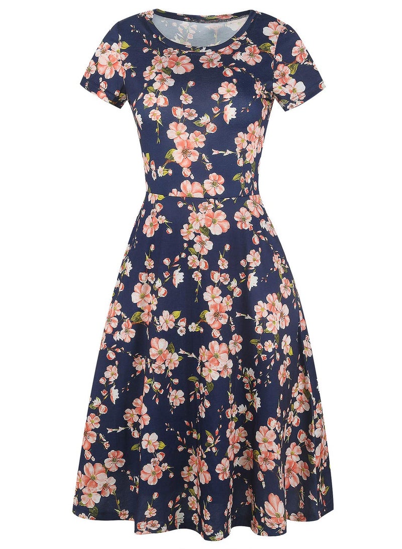 HELYO Prime Wardrobe Womens Clothing Vintage Beautiful Casual Short Sleeve Ladies Floral Fit Flare Party Cocktail 50s Office Blend Swing Dress 162 (M, Navy) - Image 3